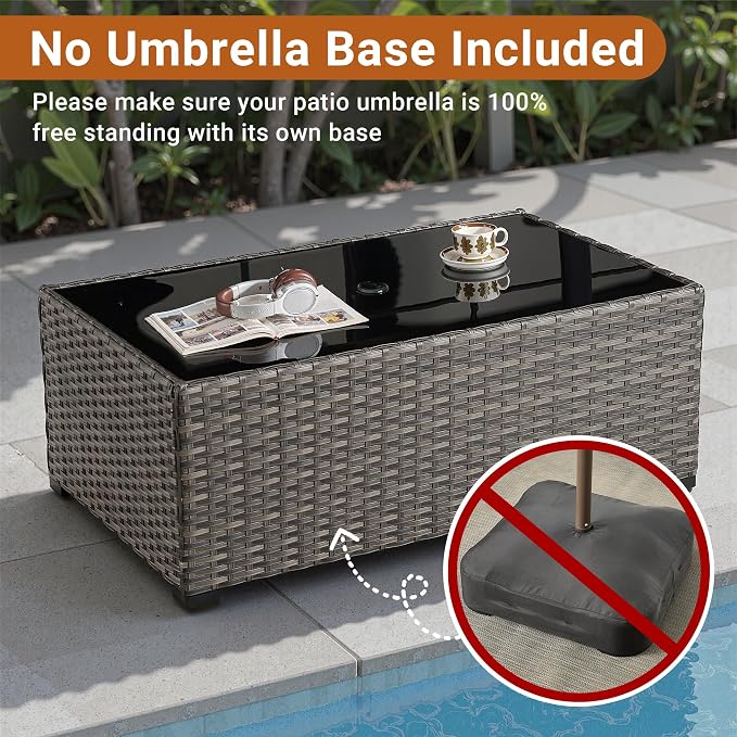 HOOOWOOO Outdoor Patio Side Table with Umbrella Hole,Wicker Coffee End Table Glass Top,Umbrella Table with 1.64" and 2" Hole for Yard,Deck,Porch,Garden(Rectangle Brown)