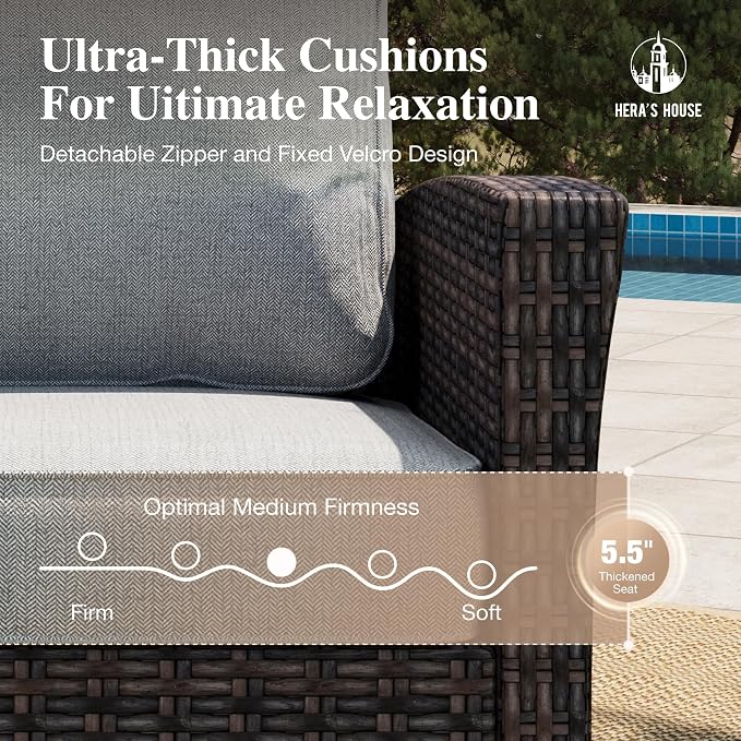 HERA'S HOUSE Patio Furniture Set with High Back Swivel Chair, 6-Piece Outdoor Wicker Sectional Conversation Set with Ottomans, 3-Seat Couch with Rattan Table for Garden Backyard, Gray