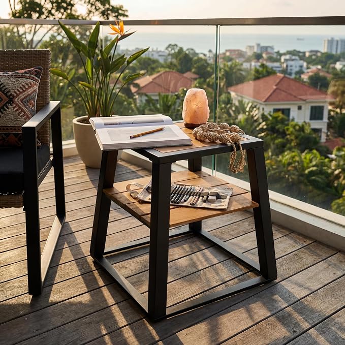 Christopher Knight Home Tova 2-Tier Acacia Wood Outdoor Side Table, Decorative Square Small Accent Table with Slatted Design, Weather Resistant Patio End Table with Iron Frame for Balcony, Teak+Black