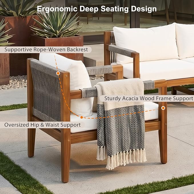 GDFStudio 3 Piece Patio Furniture Set, Acacia Wood Outdoor Sofa Set with Cushions, Rope Woven Conversation Set, 3 Seat Couch & 2 Chairs for Backyard Patio Deck Porch Garden Poolside, Beige