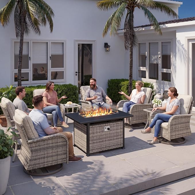 10Pcs Patio Rocking Swivel Chair with 55,000 BTU Fire Pit Table Outdoor Wicker Rattan Bistro Set with Tempered Glass Side Table, Outdoor Patio Furniture Set for Garden and Balcony, White