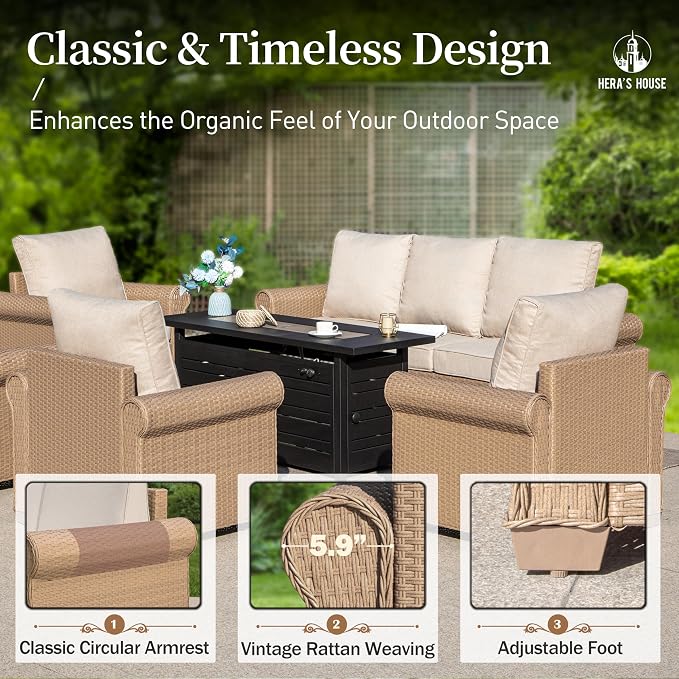 HERA'S HOUSE Patio Furniture Set, 4 x Cushioned Chairs, 3-Seat Sofa with Wood Grain Coffee Table, 5 Seats Luxury Windsor Style All Weahter Outdoor Sofa Conversation Set for Deck Lawn Backyard