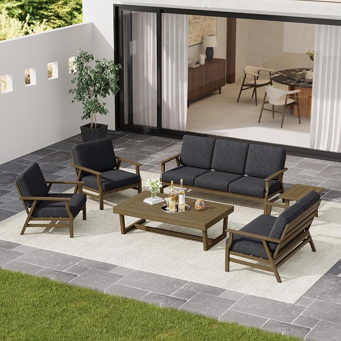 4 Pieces Patio Furniture Sets, Teak Wood Outdoor Sectional Furniture with Coffee Table, 5 Seats Patio Sofa Couch Conversation Set for Backyard Deck - Dark Gray