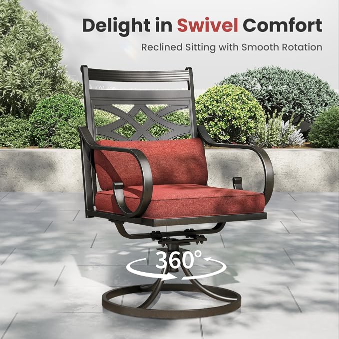 PHI VILLA Patio Dining Set, Swivel Chairs, Metal Table | Metal chairs, Red Cushion, Umbrella Hole, Cushions, E-coated
