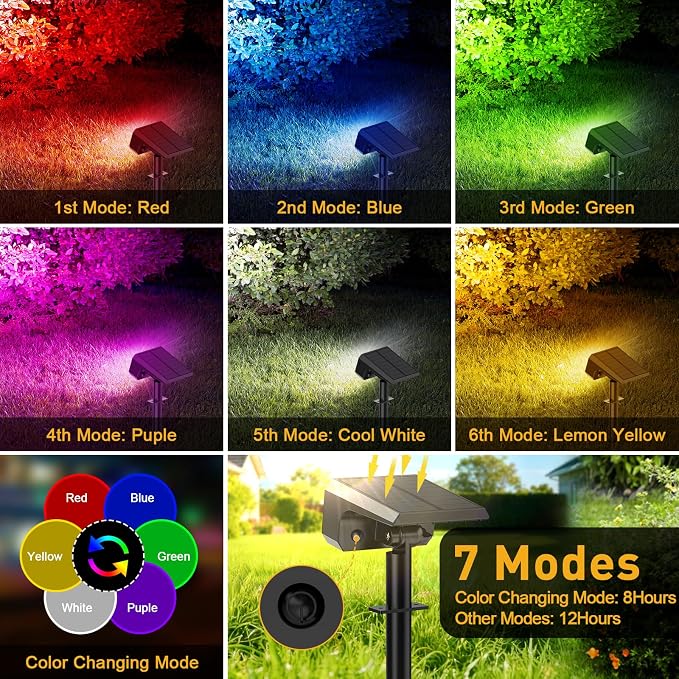 Solar Color Changing Spot Lights Outdoor, 4 Pack Solar Landscape Lights with 32 LEDs Each, 7 Lighting Modes, IP65 Waterproof, 2-in-1 Adjustable Solar Spotlights for Yard Garden Pathway Driveway