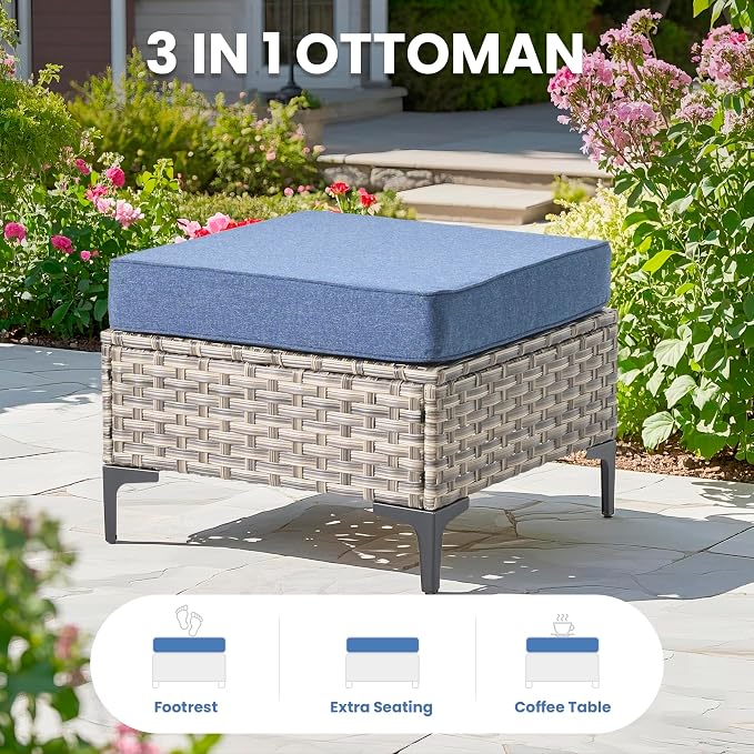 8 Pcs Patio Outdoor Furniture Set - All Weather Wicker Outdoor Sectional Sofa Couch with Swivel Fire Pit Table and Rocking Chairs e,Patio Rattan Conversation Set for Garden Deck Yard,Denim Blue