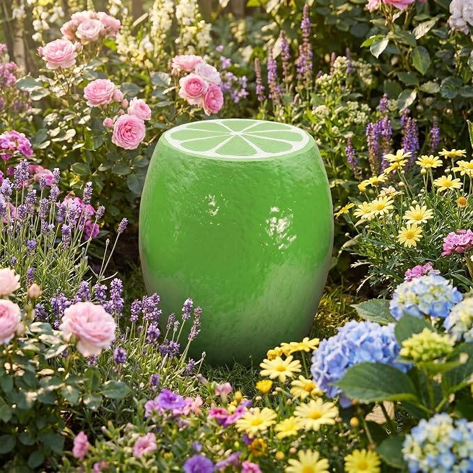 Lime Resin Novelty Stool, Fruit Shaped Plant Stand Side Table Accent Seat, Indoor Outdoor Waterproof Decor, 14.17" H x 12.60" W, Green