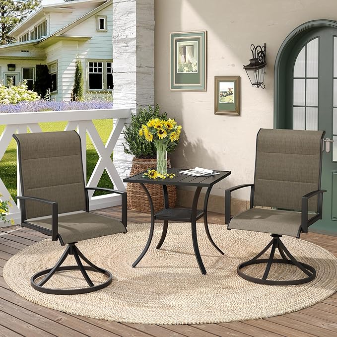 DIFY 3 Piece Outdoor Dining Set for 2, Patio Furniture Set with Padded Textilene Swivel Patio Chairs and 27.6" Small Square Metal Dining Table, Brown Fabric & Black Tabletop