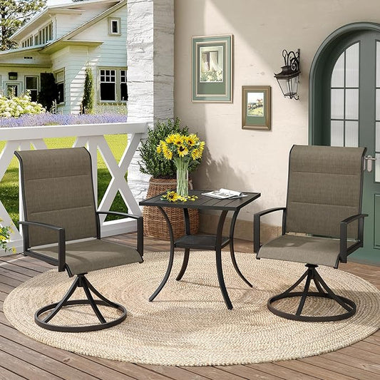DIFY 3 Piece Outdoor Dining Set for 2, Patio Furniture Set with Padded Textilene Swivel Patio Chairs and 27.6" Small Square Metal Dining Table, Brown Fabric & Black Tabletop