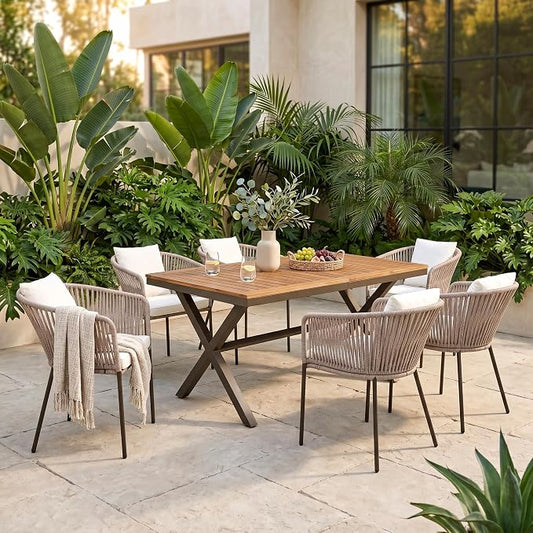 7PCS Outdoor Dining Set, Patio Table and Chairs Set for 6, Rope Weaving Patio Chairs with Thickened Cushions & Rectangular Dining Table with Metal Frame and Acacia Wood Tabletop, Beige