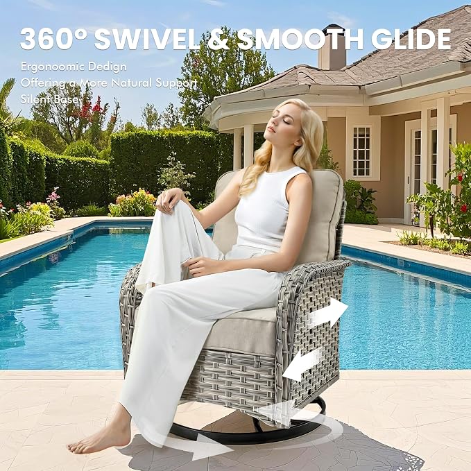 9 Pcs Patio Outdoor Furniture Set - All Weather Wicker Outdoor Sectional Sofa Couch with Swivel Fire Pit Table and Rocking Chairs e,Patio Rattan Conversation Set for Garden Deck Yard,Beige