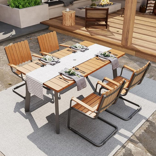 5 Piece Outdoor Conversation Set for 4, HDPE Patio Seating Set with Table and Chairs, All-Weather Outdoor Lounge Furniture with Umbrella Hole for Garden, Porch, Poolside, Gray & Teak