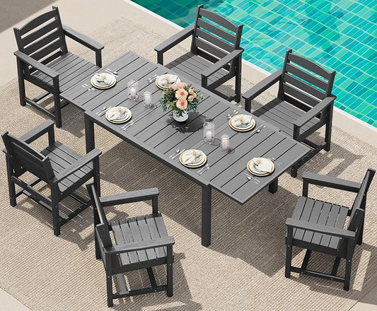 SERWALL 60" - 83" Expandable Outdoor Dining Table and 6 HDPE Chairs, Grey | Outdoor Dining Set for 6, All Weather Aluminum and HDPE Outdoor Furniture Set, Extendable Patio Dining Table