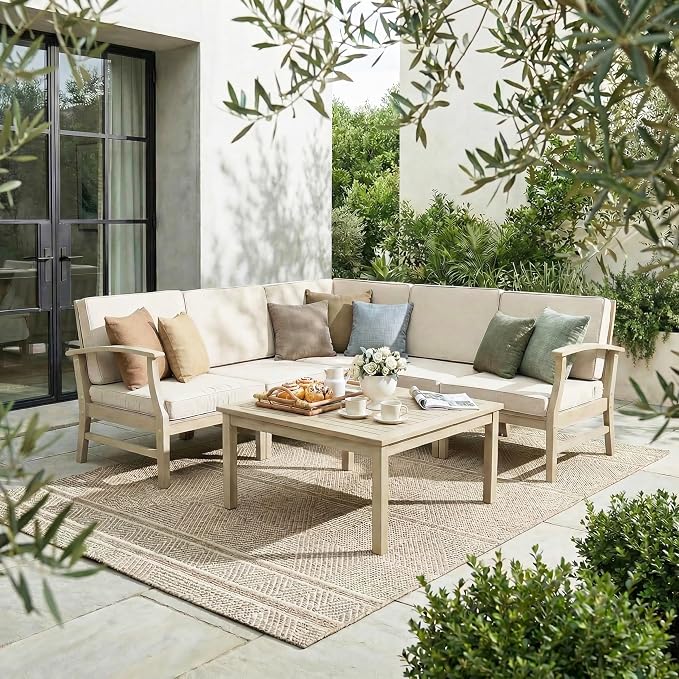 Christopher Knight Home Hugo Acacia Wood Outdoor Patio Furniture Set for 5, V-Shape Patio Sectional Sofa Set with Cushions and Slat Coffee Table, Modern Patio Conversation Set, Light White+Sand