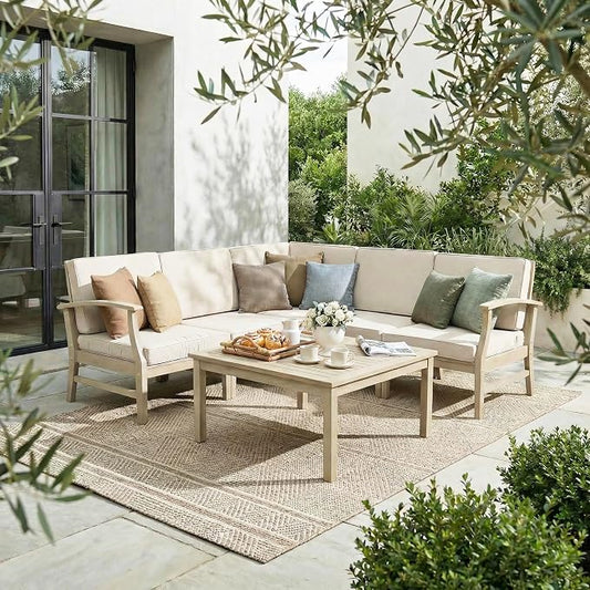 Christopher Knight Home Hugo Acacia Wood Outdoor Patio Furniture Set for 5, V-Shape Patio Sectional Sofa Set with Cushions and Slat Coffee Table, Modern Patio Conversation Set, Light White+Sand