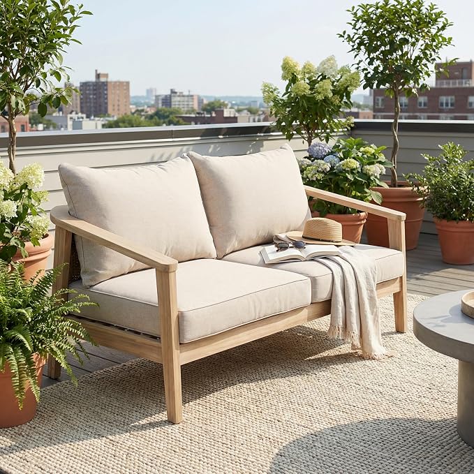 Merax Outdoor Wood and Wicker Loveseat, Light White Finish with Beige Cushion, Acacia Wood 2-Seater Patio Garden Sofa