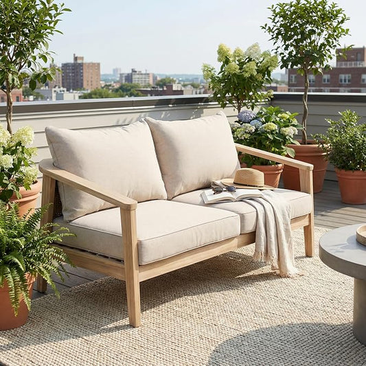 Merax Outdoor Wood and Wicker Loveseat, Light White Finish with Beige Cushion, Acacia Wood 2-Seater Patio Garden Sofa
