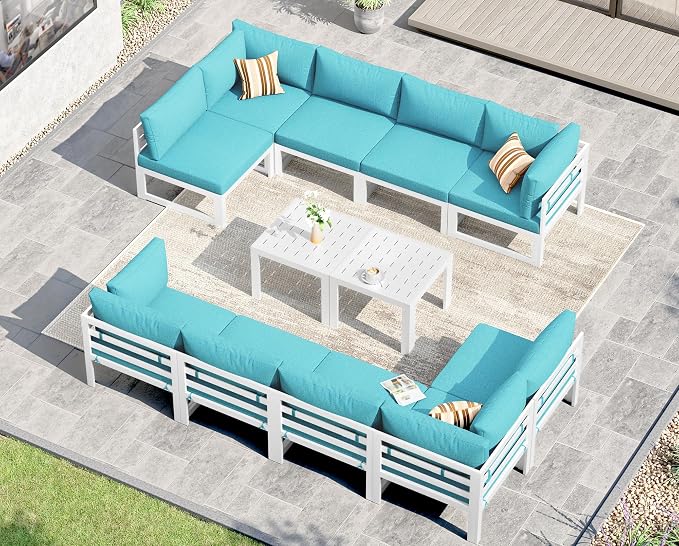 NICESOUL Extra Large Aluminum Patio Furniture Set with End Table, All-Weather 29" Wide Deep Seats Outdoor Sofa Conversation Set, Contemporary Sectional Couch for 10 Seats, for Garden, Turquoise