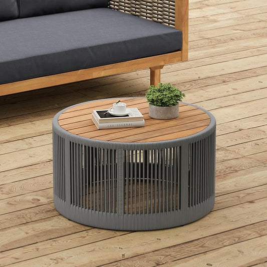 IRONORA Round Outdoor Coffee Table, Acacia Wood Top with Rope Woven Base, 26 Inch Diameter, Outdoor Side Table for Patio, Garden, Weather Resistant Patio Furniture