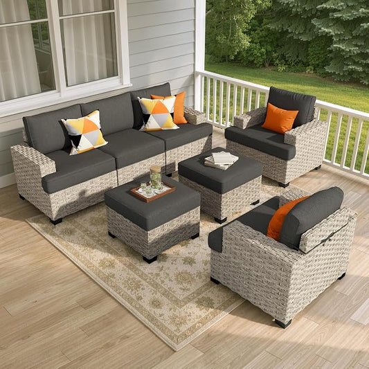 Weaxty 7 Pieces Outdoor Furniture Set, Patio Sectional Sofa Wide Seats Couch Chair with Ottoman, Thick Cushion All-Weather Rattan Patio Conversation Sets for Backyard Porch Balcony, Black