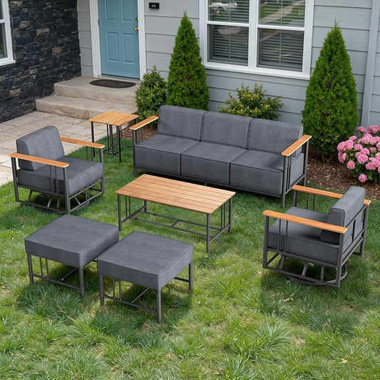 Luxury Outdoor Furniture Set with Swivel Chairs, 7 PCS Patio Furniture Set with 6" Extra Thick Cushions, Suitable for Porch, Balcony, Deck, Patio, Yard, Poolside, Black/Grey