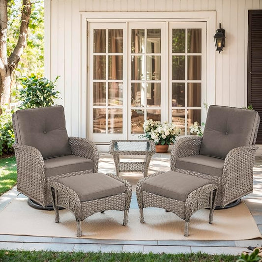 Outdoor Swivel Glider Rocker Chairs Set- 5 Piece Patio Furniture Set, Patio Bistro Sets with Tempered Glass Side Table and 2 Ottoman, for Balcony, Porch - Grey Wicker Grey Cushion