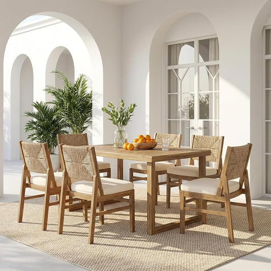 Christopher Knight Home Harly Acacia Wood Patio Dining Set for 6, Solid Wood Outdoor Dining Table Set for 6, 7 Piece Outdoor Dining Set with Rectangular Table and Wicker Backrest, Teak+Cream