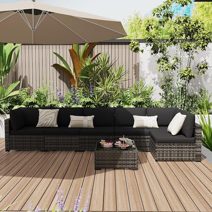 KIGOTY 7-Piece Patio Furniture Set, All-Weather PE Rattan Outdoor Sectional Sofa, Modular Wicker Conversation Set with Thick Cushions & Easy-Clean Coffee Table（Beige Black/Black）