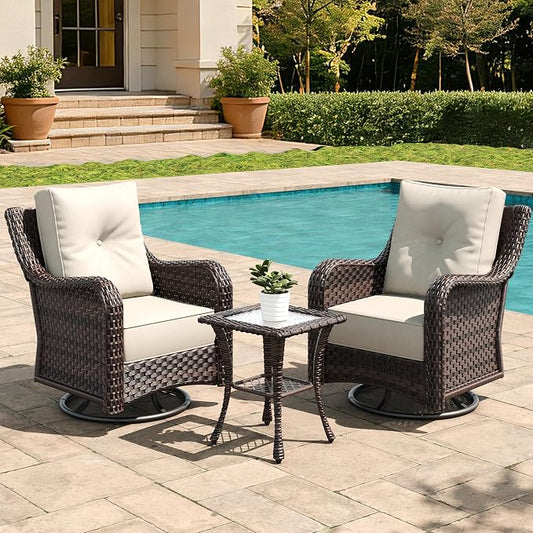 3 Pieces Outdoor Furniture Set with 6-inch Cushions, High Back Wicker Swivel Rocker Chairs with Coffee Table, Luxury Conversation Set for Deck Patio and Poolside