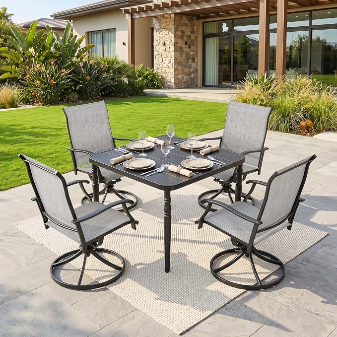 NUU GARDEN 5 Piece Patio Dining Set for 4, Swivel Chairs, Black | Square dining table with umbrella hole and 4 Textilene swivel chairs featuring ergonomic high backs and durable steel frames.