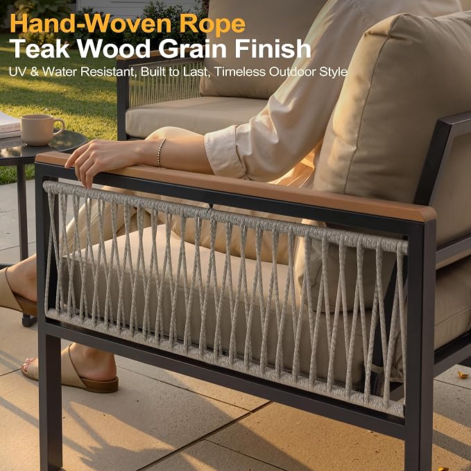 7-Piece L-Shaped Patio Conversation Sets, Hand-Woven Wicker Outdoor Sectional Sofa with Glass Nesting Coffee Table, Weather-Resistant Frame, Removable Cushion for Deck, Porch, Backyard (Beige)