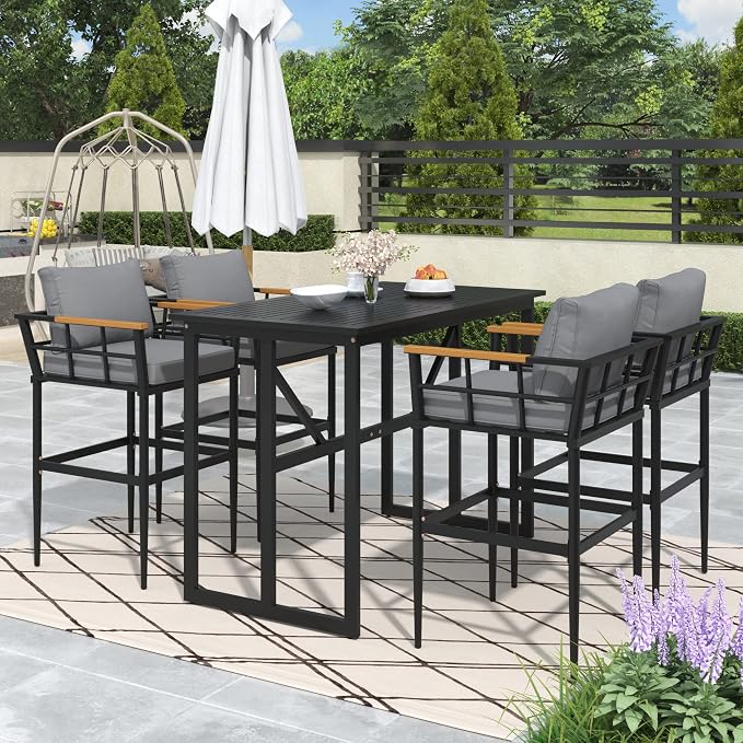 5-Piece Patio Dining Set, Steel Outdoor Dining Table and 4 Cushioned Chairs with Acacia Wood Armrest, Modern Conversation Furniture for Courtyard,Garden, Balcony (Black+Steel, 5-Piece)