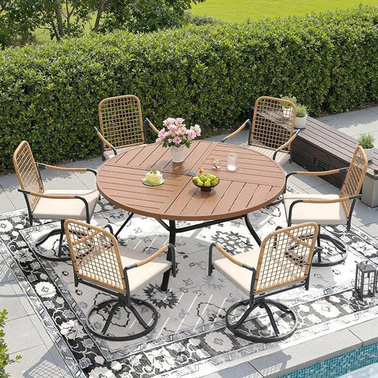 DIFY 7 Pieces Outdoor Dining Set, Metal Patio Table and Chairs Set for 6, 53.1" Round Dining Table with Umbrella Hole & Wicker Swivel Patio Chairs with Cushions, Walnut Tabletop