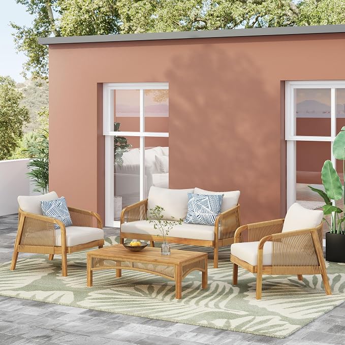 Merax 4-Piece Outdoor Acacia Wood Wicker Patio Conversation Set with Loveseat,2 Chairs and Coffetable,Faux Rattan Accents