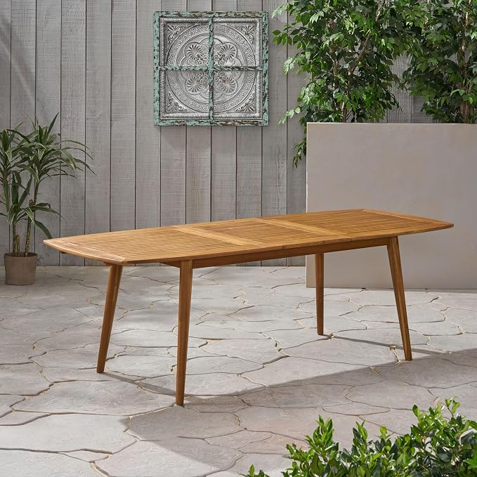 IRONORA Natural Acacia Wood Extendable Patio Dining Table, 94.5 Inch Rectangular Slatted Top Outdoor Farmhouse Table for 6-8 People, Teak Finish Wooden Table for Backyard Balcony