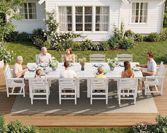 SERWALL 7-Pc HDPE Patio Dining Set, 1 Table & 6 Armless Chairs, White | HDPE Outdoor Dining Set with Rectangular Table & 6 Armless Chairs, All-Weather Resistant SERWALL Dining Set for 6