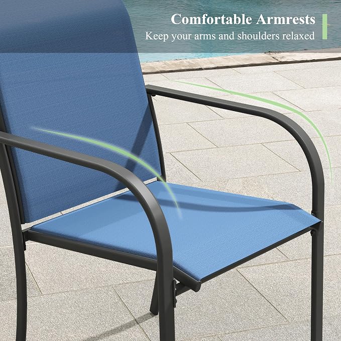 5 Pieces Outdoor Dining Set, Stackable Textilene Paito Chairs & 37.8" Square Dining Table with Umbrella Hole and Shelf, Patio Dining Set for Backyard, Deck, Garden, Dark Blue & Black