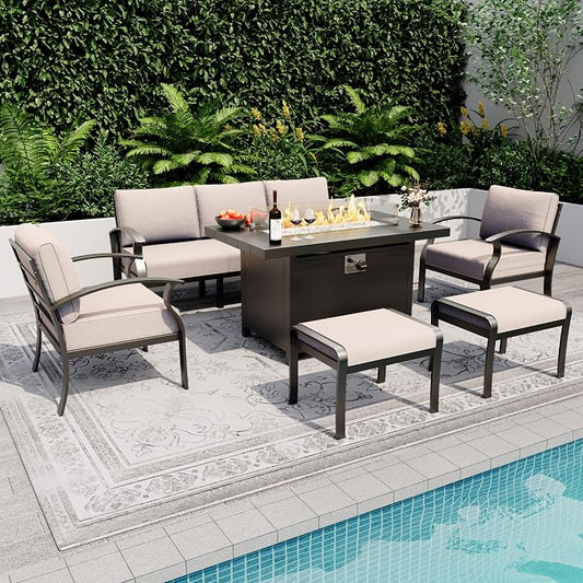 Kurapika Aluminum Patio Furniture Set 5-Seat Modern Metal Outdoor Conversation Sets w/45in Propane Fire Pit Table, w/5.1 Inch Cushion Patio Sectional Sofa with 2 Ottomans, Sand