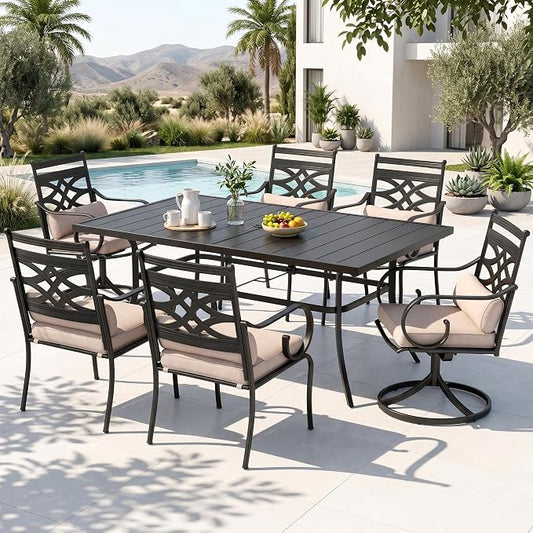 PHI VILLA 7 Piece Patio Dining Set, 2 Swivel Chairs | Metal chairs, Metal table, Beige Cushion, Cushions, E-coated