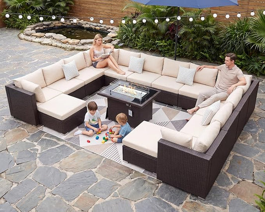 BULEXYARD 15 Piece Highback Wicker Patio Furniture Sets with Firepit, All-Weather Heavy Duty Outdoor Conversation Set Modular, Extra Deep Wide 14-Seats Sectional Couch Sofa for Backyard, Brown & Beige
