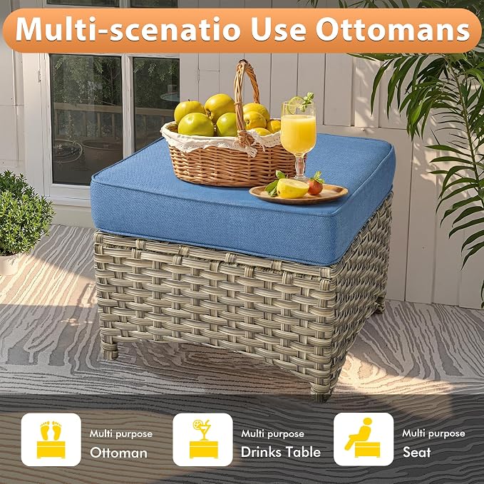 10 PCS Outdoor Patio Furniture Sets, Patio Conversation Sets Outside Rattan Soft Cushion Sofa with 4 Wicker Rocking Chairs & 54 in Fire Pit Table Fit Backyard Garden Poolside Balcony,Diamond Blue