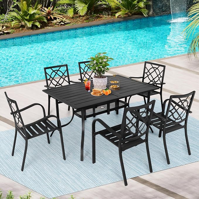 Incbruce 7 Pcs Outdoor Dining Set Wrought Iron Patio Dining Set, Dining Furniture Set (6 Dining Chair and 1 Rectangular Table with 1.57" Umbrella Hole) for Garden,Backyard(Metal Tabletop)