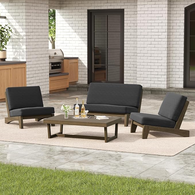 4 Pieces Patio Furniture Sets, All-Weather Outdoor Wood Bistro Set Patio Conversation Coffee Table Chiars and Patio Loveseat for Balcony, Backyard
