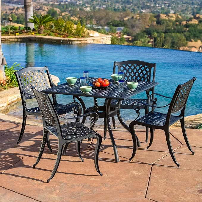 Christopher Knight Home Hallandale Cast Aluminum Outdoor Dining Set, 5-Pcs Set, Black Sand