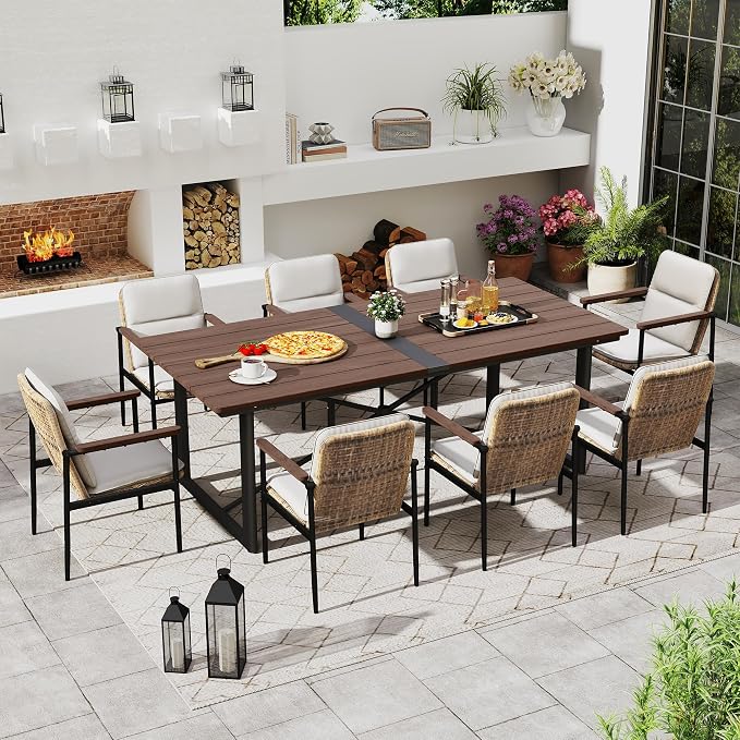 HAPPATIO Outdoor Acacia Wood Dining Table, 8-Person Patio Dining Table with Powder-Coated Aluminum Frame, Rectangle Outdoor Dining Table with Umbrella Hole for Deck Yard Garden