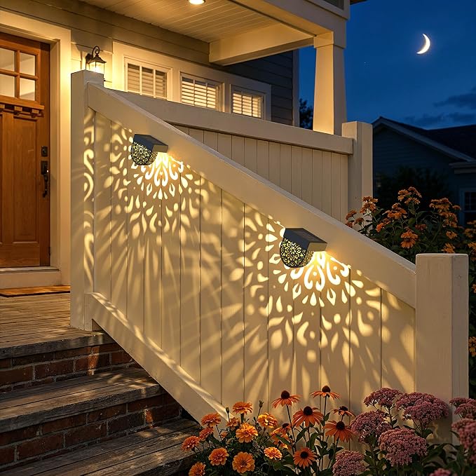 Solar Fence Lights 6 Pack Solar Deck Step Wall Lights Outdoor Waterproof LED Decorations Warm Yellow Light Decorative Lighting for Garden, Front Door, Backyard (Black 1)