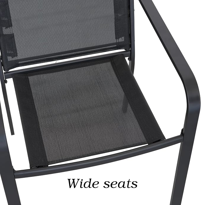 5 Piece Outdoor Patio Dining Set with 40" Round Glass Table, Black Chairs | 4 Piece Stackable Chairs Textilene Seat and Back, Table and Chair with Metal Frame, Round Glass Table Top, 1.7" Umbrella Hole