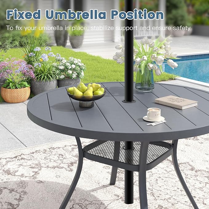 DIFY 7 Piece Outdoor Patio Dining Set for 6, Patio Table and Chairs Set with Umbrella Hole, 47.2" Round Dining Table and Stackable Metal Chairs for Backyard Garden Poolside, Grey