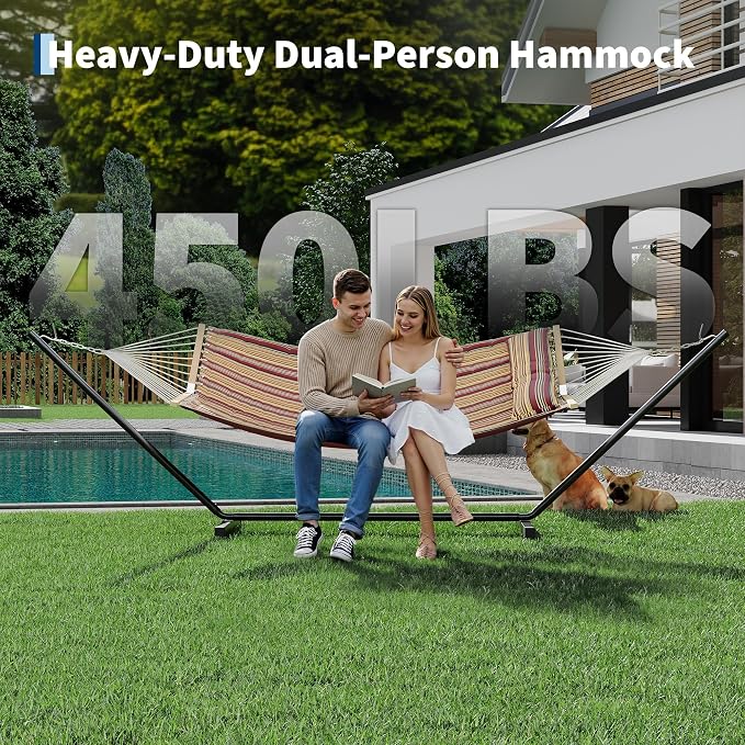 Double Hammock with Stand for Outdoor Use – 2-Person Portable Hammock with Curved Spreader Bar & Balance Ropes, Heavy Duty 450 LBS Capacity for Backyard, Patio & Camping, Red