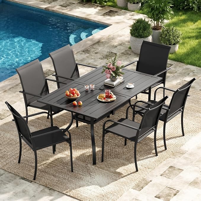 Crownland Outdoor Patio Dining Table, 60" x 37"Rectangle Metal Patio Table with 1.57" Umbrella Hole, Outdoor Furniture Dining Table for 6-8 Person, for Backyard, Garden, Classic Black